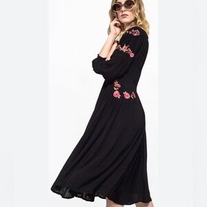 Free People Black Whimsical Boho Embroidered Button-Up Lined Midi Dress Size S